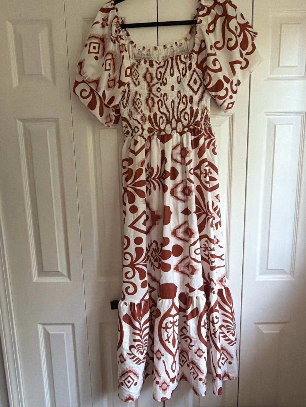Boho Smocked Maxi Dress in Rust and White